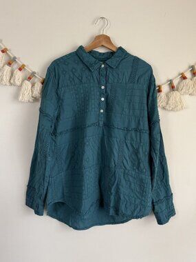Dylan Cotton Patchwork Embroidered Button Front Popover Top Turquoise Cottage L